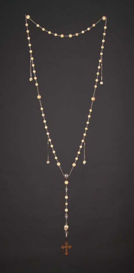 Spanish Votive Ivory and Silver Rosary Mounted with a Toledo Worked Steel Pendant Cross